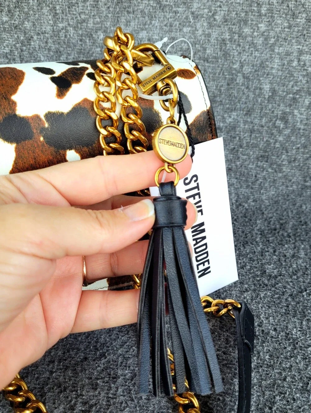 Steve Madden Cow Print Matching Shoulder Crossbody Handbag and Card Wallet Set
